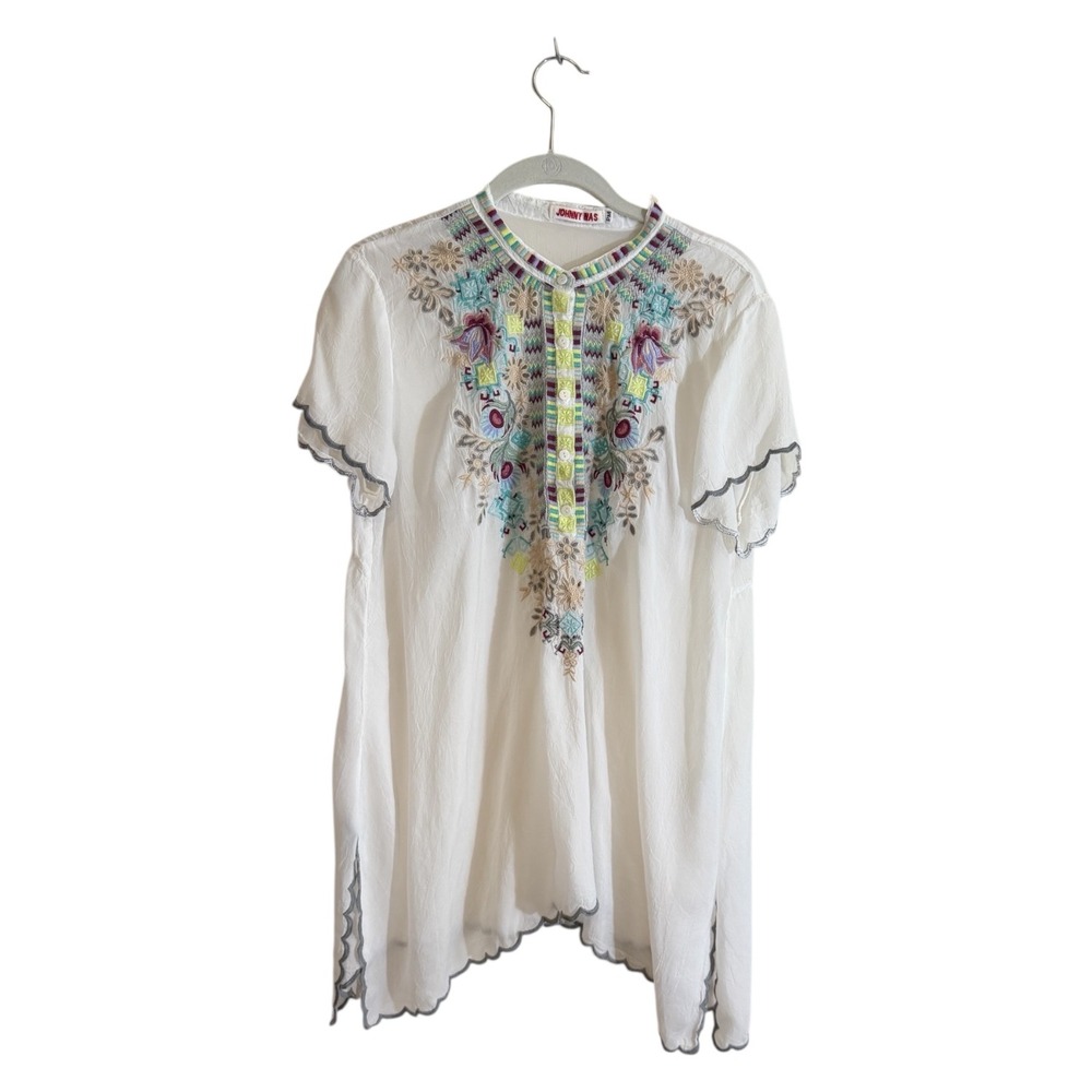 Johnny Was Embroidered Livana Tunic Women PM White Cupra Rayon Scalloped Hem Top